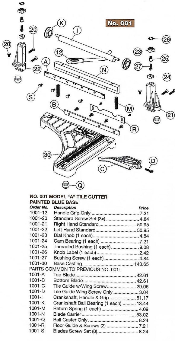 Crain 18" Vinyl Special Tile Cutter Parts List